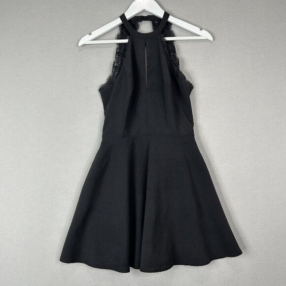 NBD Womens Dress Extra Small Black Lace Trim Open Back Fit Flare Halter Cocktail - Picture 1 of 13